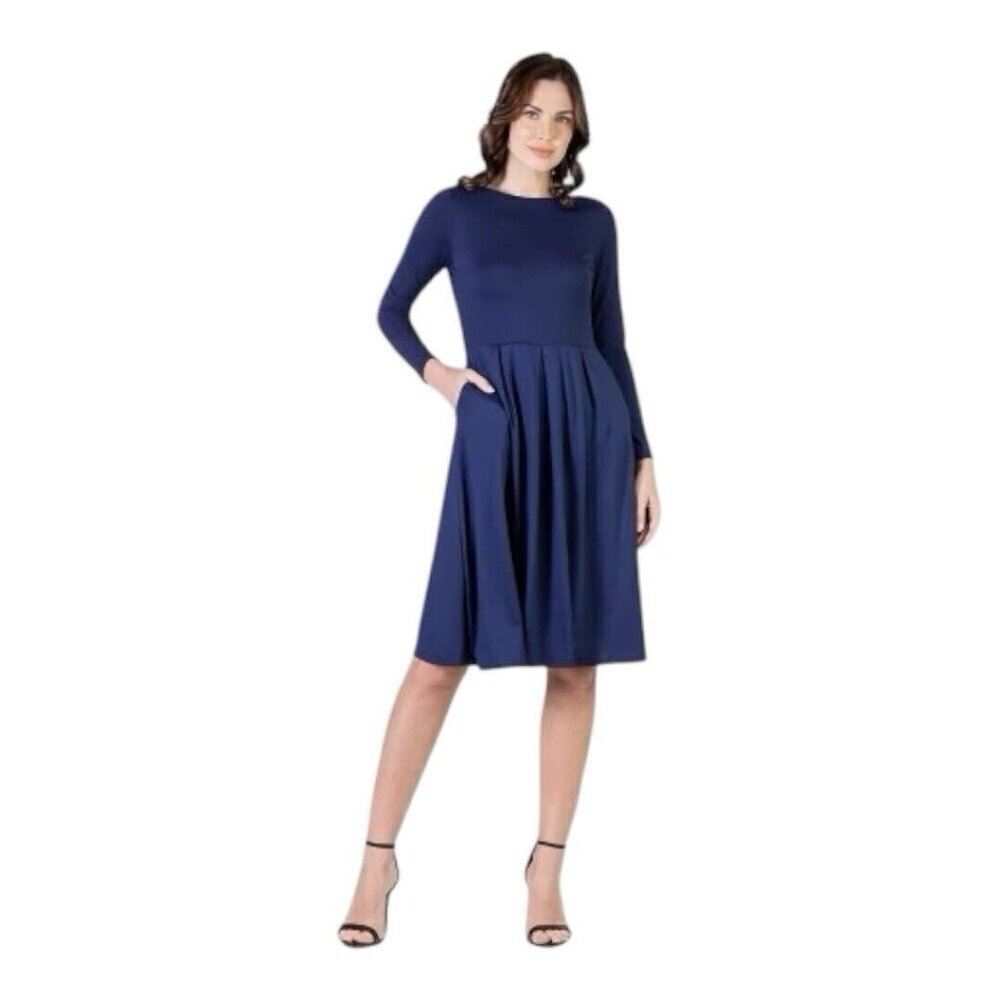 24seven Midi Length Fit N Flare Pocket Dress~Size Small~Navy Blue Comfort L11 20